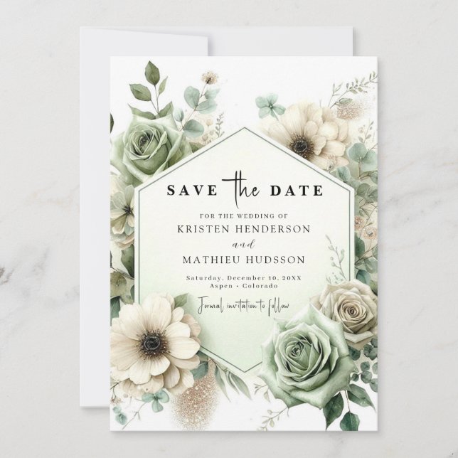 Save The Date Mariage vert Sage de typographie unique simple (Devant)
