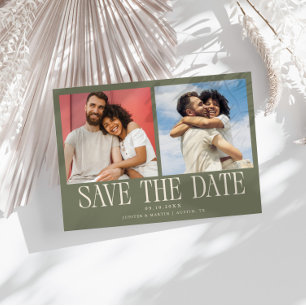 Save The Date Mariage Vert Sauge Moderne à 2 Photos