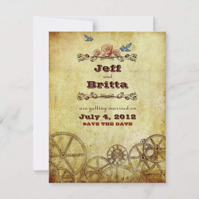 Save The Date Mariage victorien Steampunk Faux Antique Or (Devant)