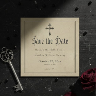Save The Date Mariage Vintage Gothique Toile Noir Croix Tan