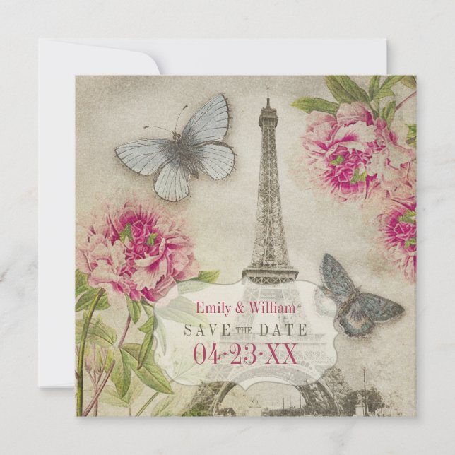 Save The Date Mariage vintage Paris Peonies Enregistrer la date (Devant)