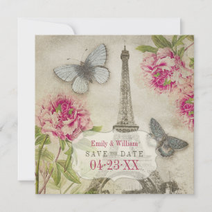 Save The Date Mariage vintage Paris Peonies Enregistrer la date