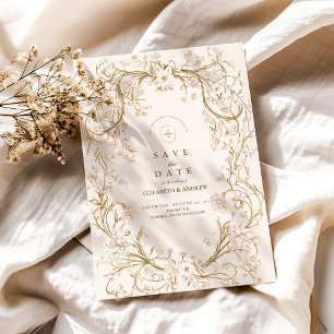 Save The Date Mariage Vintage romantique à cadre Floral Or