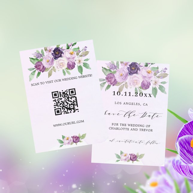 Save The Date Mariage violet fleurs QR code site (Créateur téléchargé)