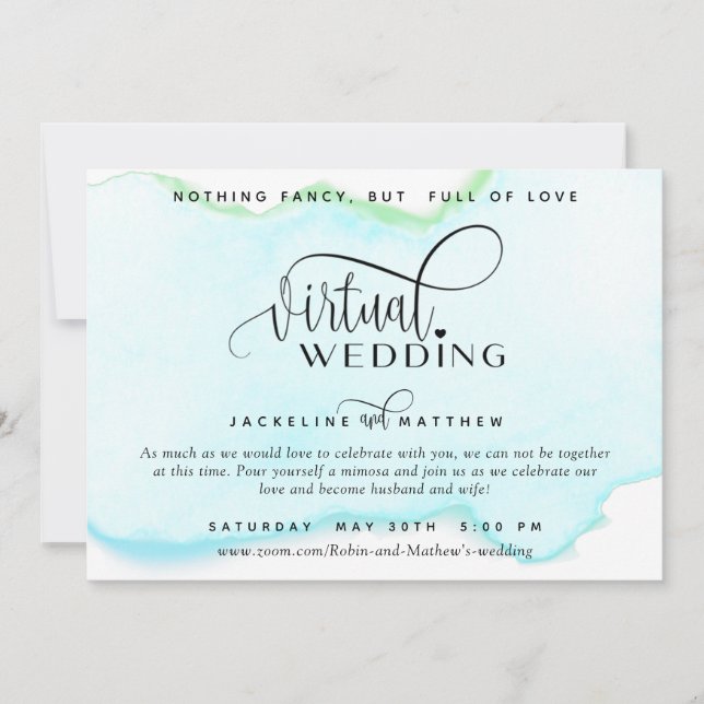 Save The Date Mariage virtuel en ligne, Aquarelle verte Turquois (Devant)