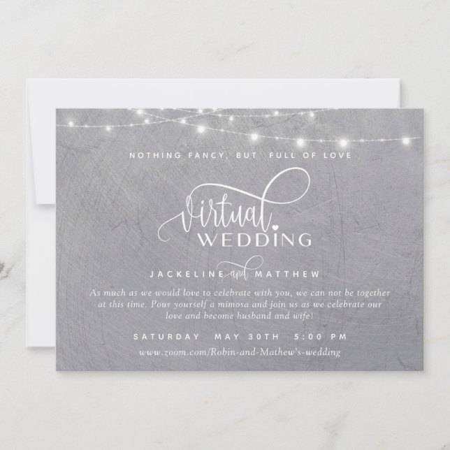Save The Date Mariage virtuel en ligne gris argent, lumières à c (Devant)