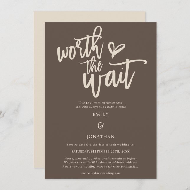 Save The Date Mariage Worth the Wait Script Cream Brown (Devant / Derrière)