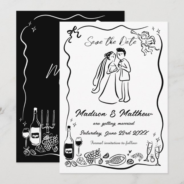 Save The Date Mariés Mariée & Groom Dessins à main levée Griboui (Devant / Derrière)