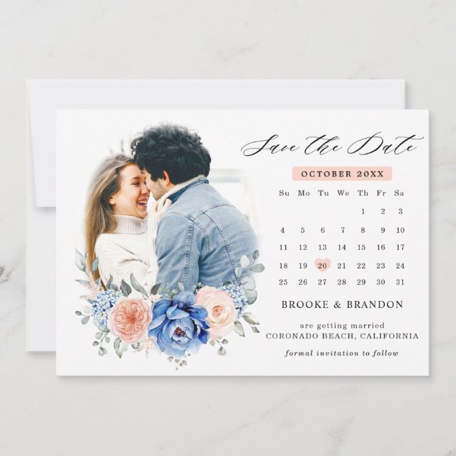 Save The Date Marine Ardoise bleue Dusty Blush Floral Mariage Ph (Devant)