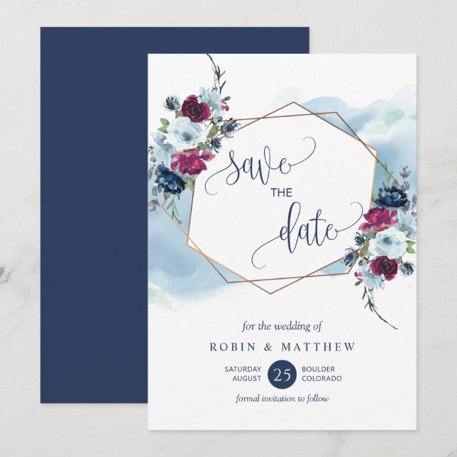 Save The Date Marine, Berry, Bourgogne et Mariage floral bleu (Devant / Derrière)