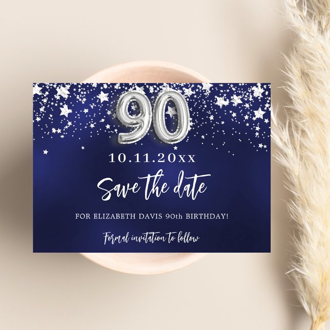 Save The Date Marine bleu argent étoiles 90e anniversaire (Créateur téléchargé)