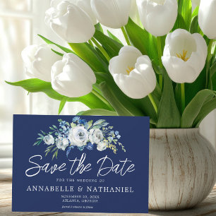 Save The Date Marine Bleu Blanc Floral Élégant Soirée d'hiver