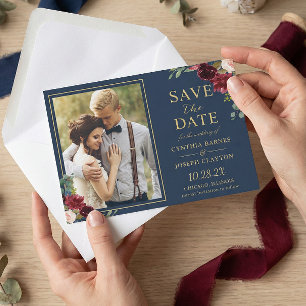 Save The Date Marine Bleu Bourgogne Floral Gold Mariage Photo