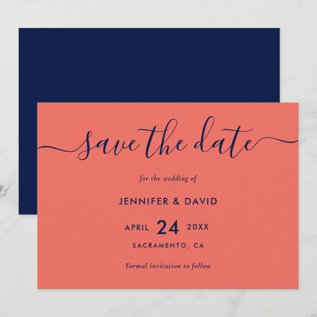Save The Date Marine Bleu et Corail Mariage Enregistrer la date (Devant / Derrière)