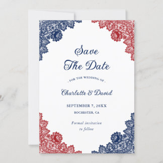 Save The Date Marine bleu et rouge dentelle florale Mariage rust