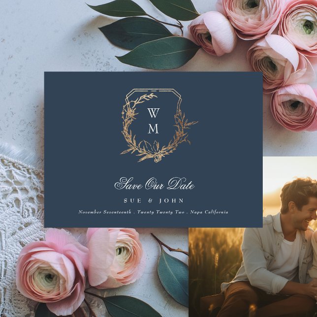Save The Date Marine Bleu Or Blanc Classique Monogramme Crest Ph (Créateur téléchargé)