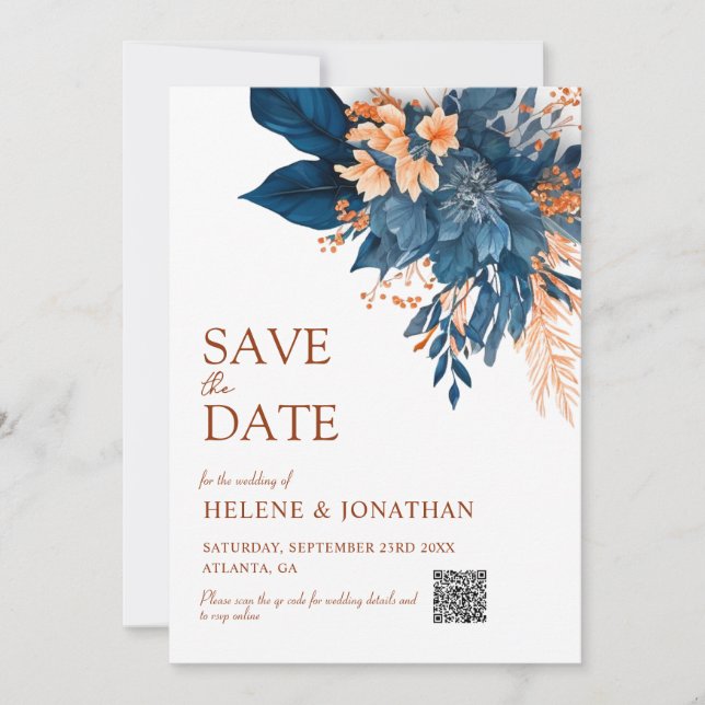 Save The Date Marine Bleu Orange Boho Floral Mariage élégant (Devant)