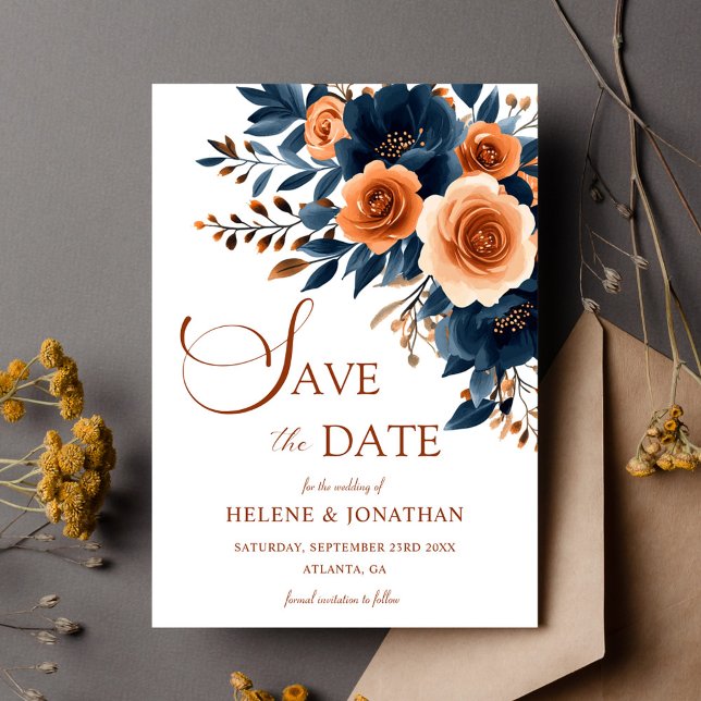 Save The Date Marine Bleu Orange Boho Jardin Mariage élégant (Navy Blue Orange Boho Garden Elegant Wedding Save The Date)
