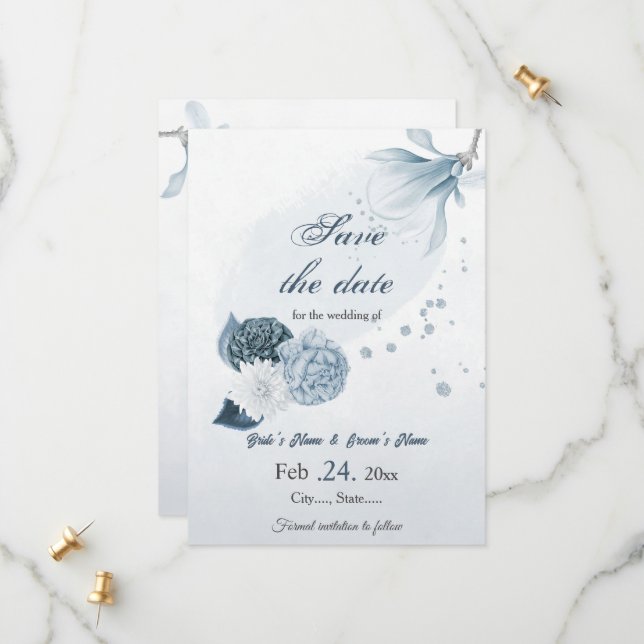 Save The Date marine bleu poussiéreux fleurs mariage botanique (Devant/Arrière en situation)