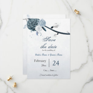 Save The Date marine bleu poussiéreux fleurs mariage botanique
