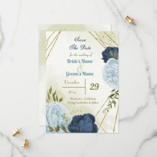 Save The Date marine bleu poussiéreux fleurs vert feuille