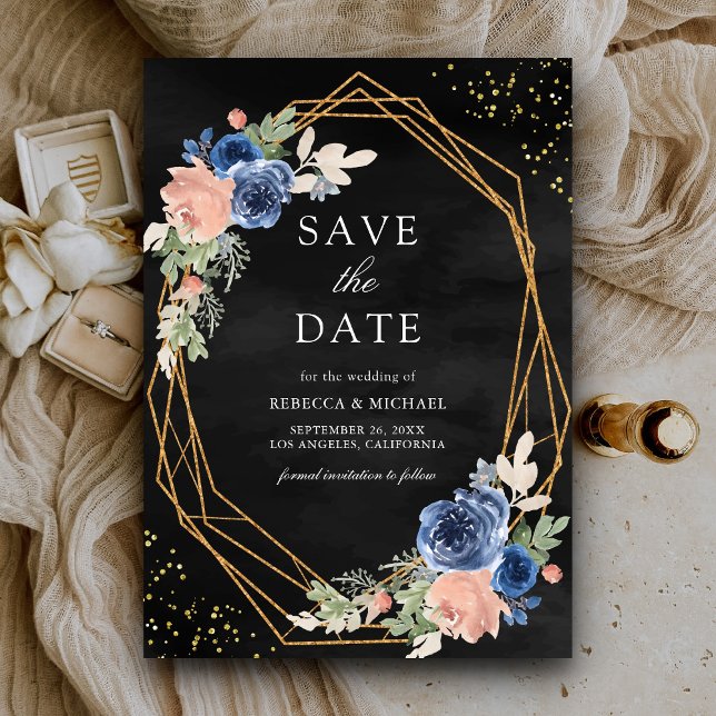 Save The Date Marine Bleu rose rose rose Roses Mariage noir (Créateur téléchargé)