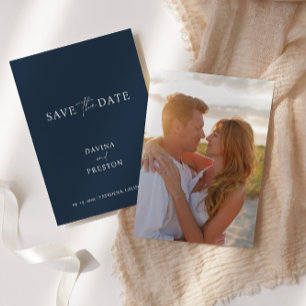 Save The Date Marine Bleu Simple Mariage Script Photo moderne