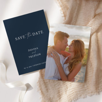 Save The Date Marine Bleu Simple Mariage Script Photo moderne