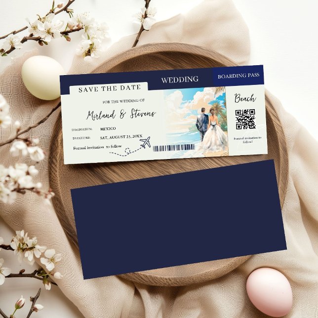 Save The Date Marine Blue Beach Nautical Boarding pass mariage (Créateur téléchargé)