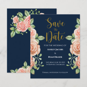 Save The Date Marine Blue Gold Blush Floral Wedding Enregistrer 