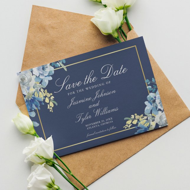 Save The Date Marine Blue Gold Floral Soirée élégante (Créateur téléchargé)