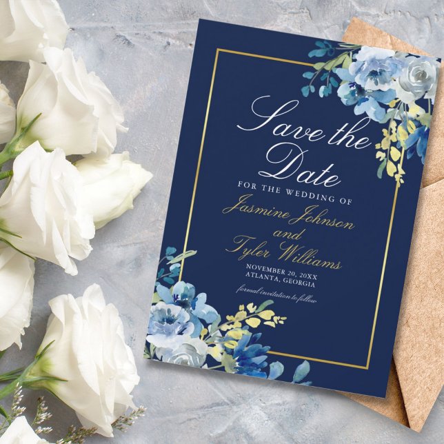 Save The Date Marine Blue Gold Floral Soirée élégante (Créateur téléchargé)