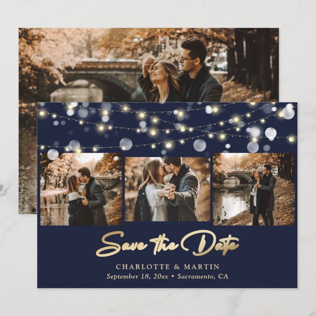 Save The Date Marine Blue Gold Mariage 4 Photo Enregistrer la da (Devant / Derrière)