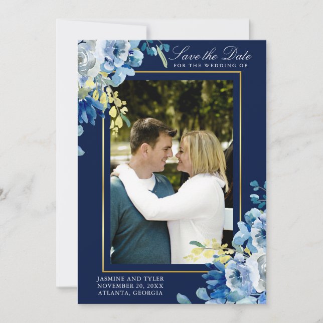 Save The Date Marine Blue Gold Photo Floral Elégant Soirée (Devant)