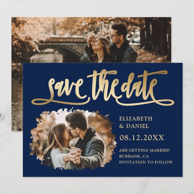Save The Date Marine Blue Gold Script Mariage Photo Enregistrer  (Devant / Derrière)