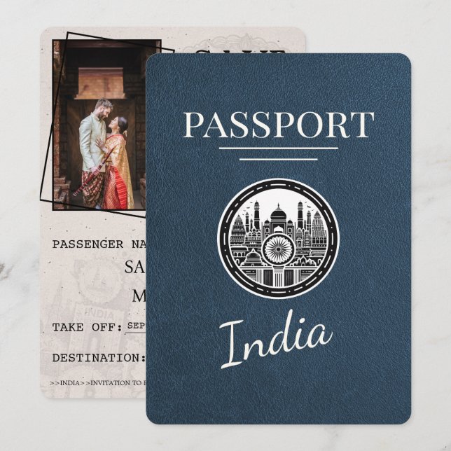 Save The Date Marine Blue India Passport Enregistrer La Date (Devant / Derrière)