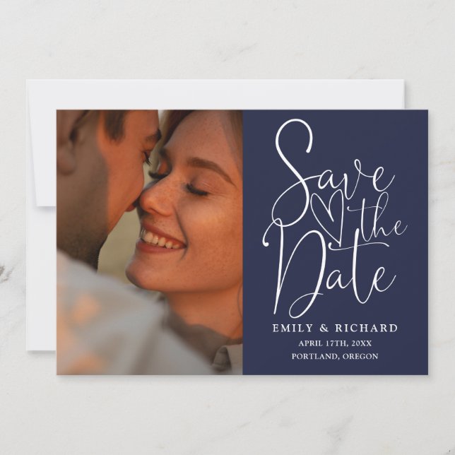 Save The Date Marine Blue Mariage 2 Photo QR Code Élégant Script (Devant)