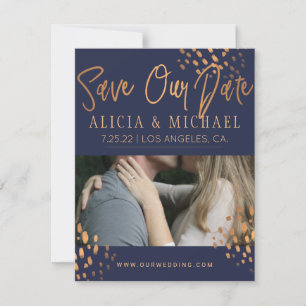Save The Date Marine Blue PHOTO Faux Rose Gold Foil Typographie