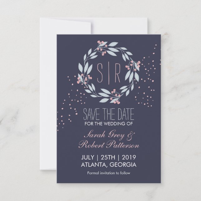 Save The Date Marine Blue Rose Fleur Wreath Mariage Enregistrer  (Devant)