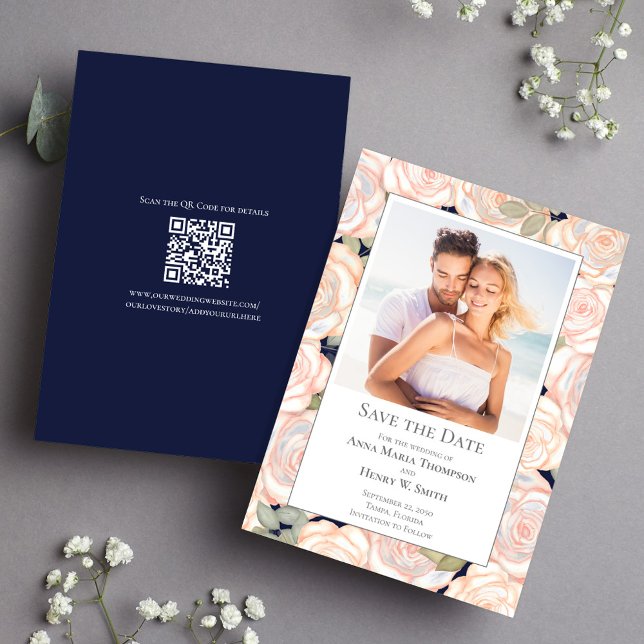 Save The Date Marine Blue Wedding Save Date Floral Photo (Navy blue wedding save the date photo card. With a scannable QR code.)