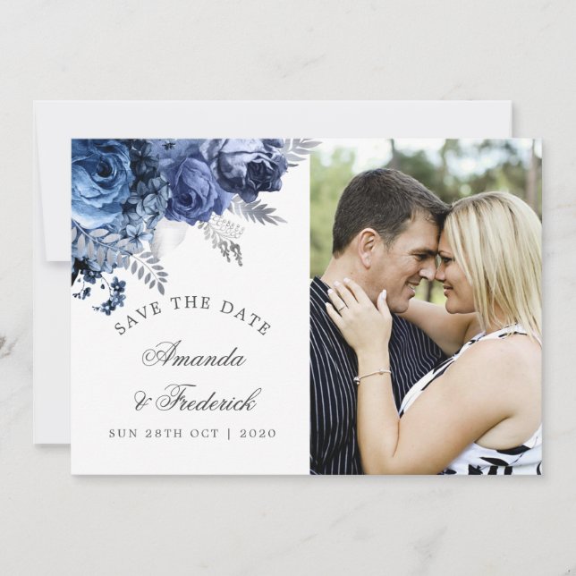 Save The Date Marine et blanc avec mariage d'argent Sauvez la da (Devant)