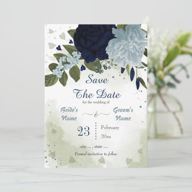 Save The Date marine et bleu poussiéreux fleurs vert feuille bot (Debout devant)