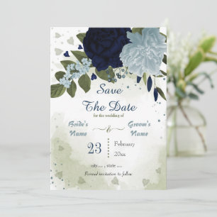 Save The Date marine et bleu poussiéreux fleurs vert feuille bot