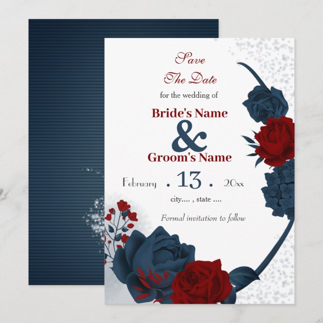 Save The Date Marine & fleurs bordeaux romantique (Devant / Derrière)