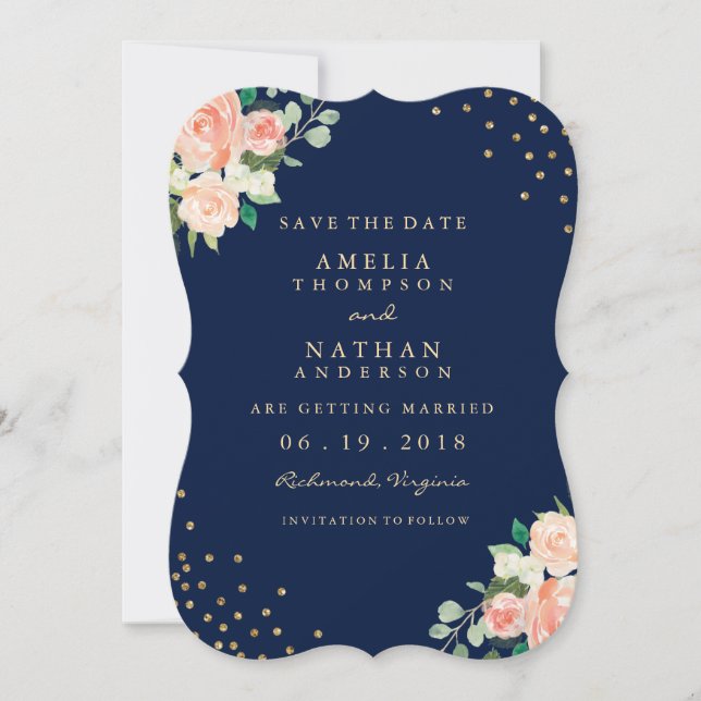Save The Date Marine Gold Floral Confetti Mariage Enregistrer La (Devant)