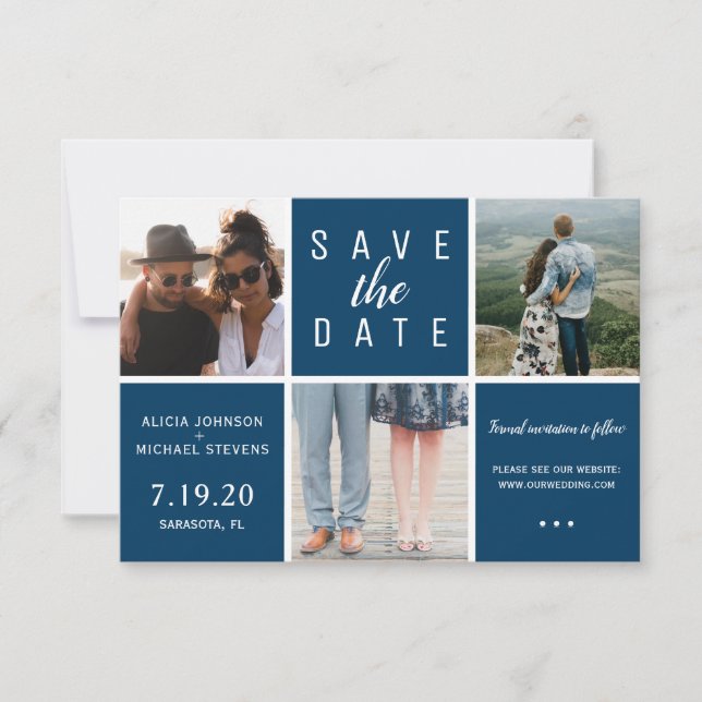 Save The Date Marine moderne bleu simple 3 photo collage mariage (Devant)