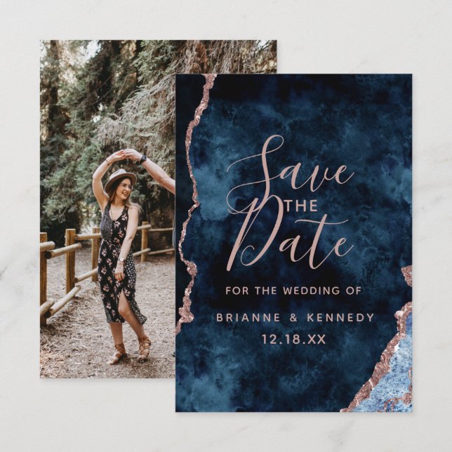 Save The Date Marine Rose Gold Agate Marbre Photo sur le dos (Devant / Derrière)
