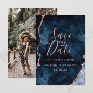 Save The Date Marine Rose Gold Agate Marbre Photo sur le dos