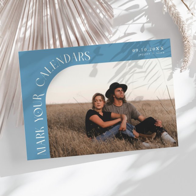Save The Date Mark Your Calendars Denim Blue Curved Frame Photo (Créateur téléchargé)