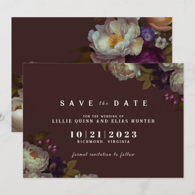 Save The Date Maroon & Elegant Floral | Romantique rouge foncé (Devant / Derrière)
